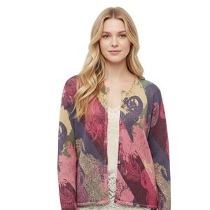 Vintage Koret Paisley Floral Cardigan Metallic Intarsia Knit Large Boho Fairy